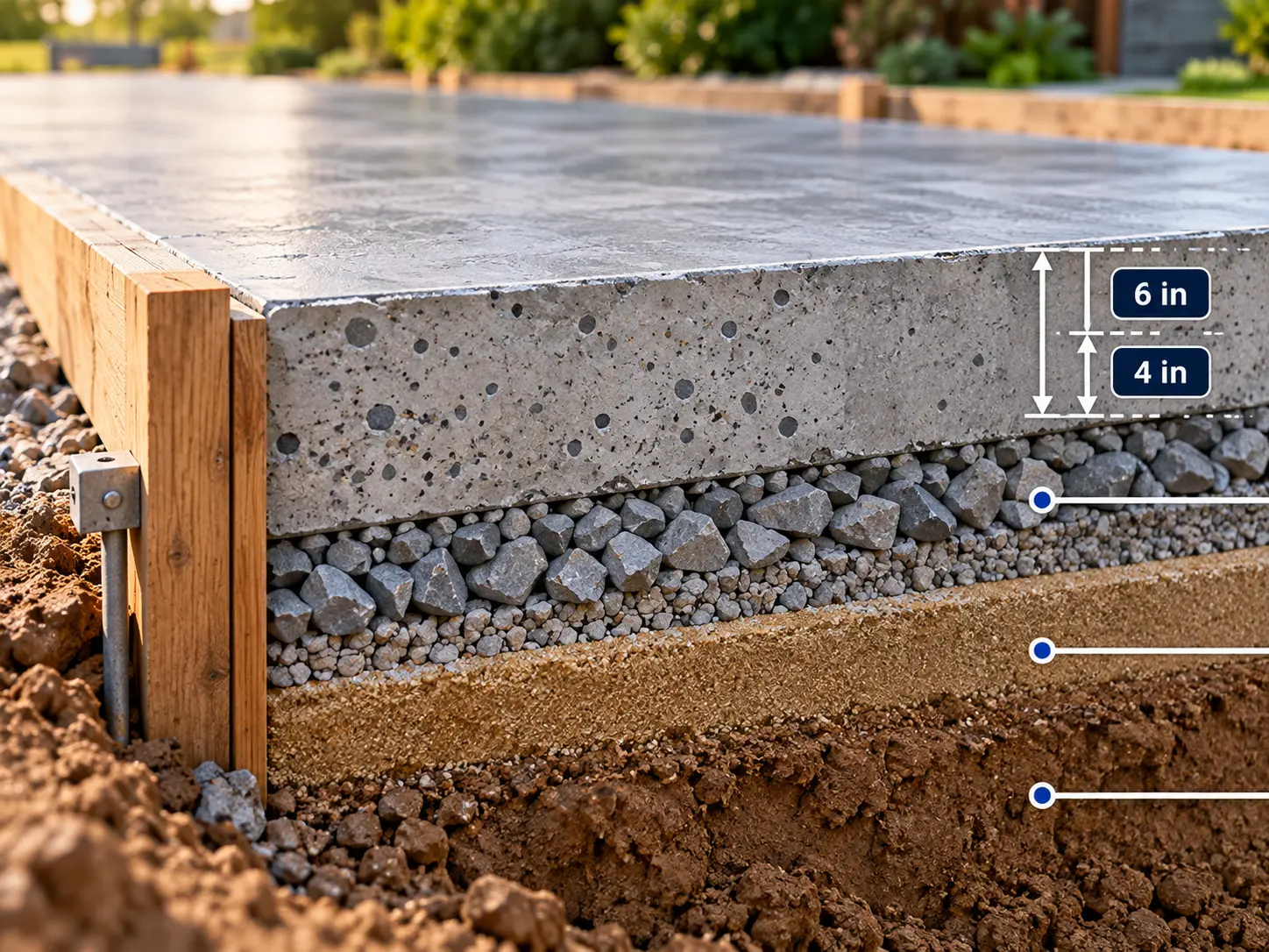 Cutaway illustration of a concrete slab above a compacted granular base and natural soil