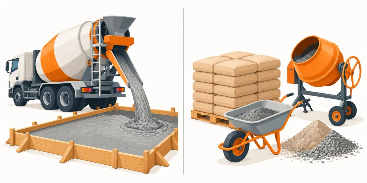 Comparación visual de entrega entre camión de concreto premezclado y sacos de mezcla seca en obra
