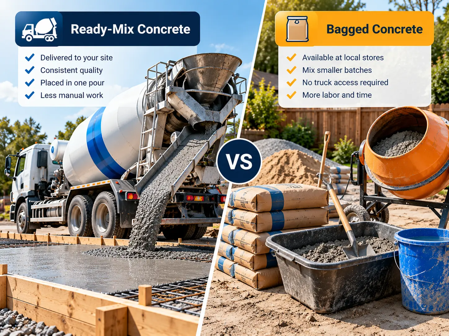 Split illustration of a ready-mix truck discharging into a form beside stacked bags and a drum mixer